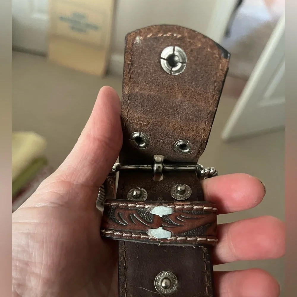 Leather Tooled Brown Western Belt with Decorative Silver Buckle